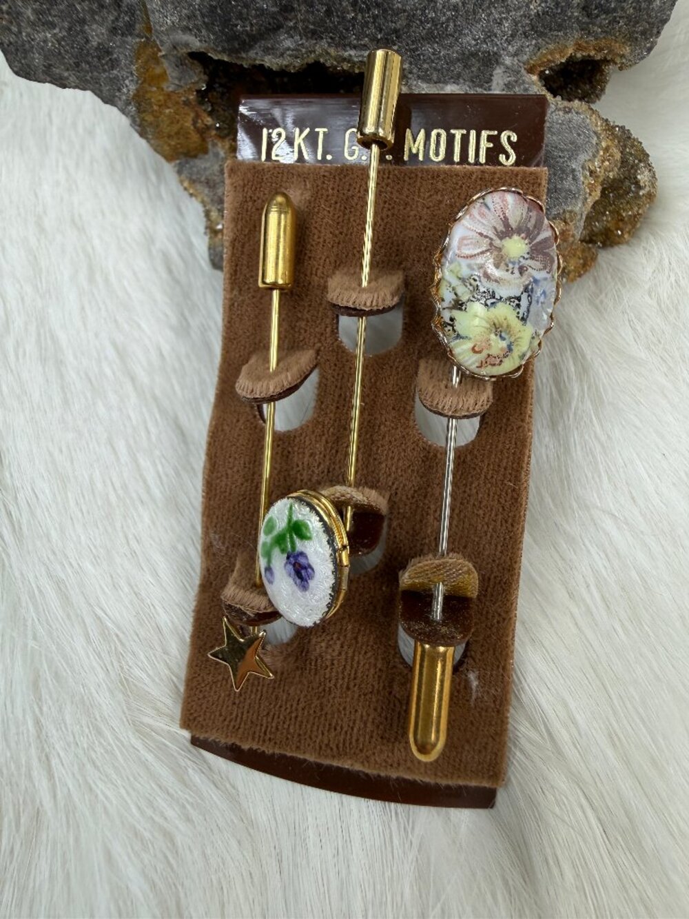 Set of 3 Gold Filled Stick Pins Porcelain, Locket, Star Vintage